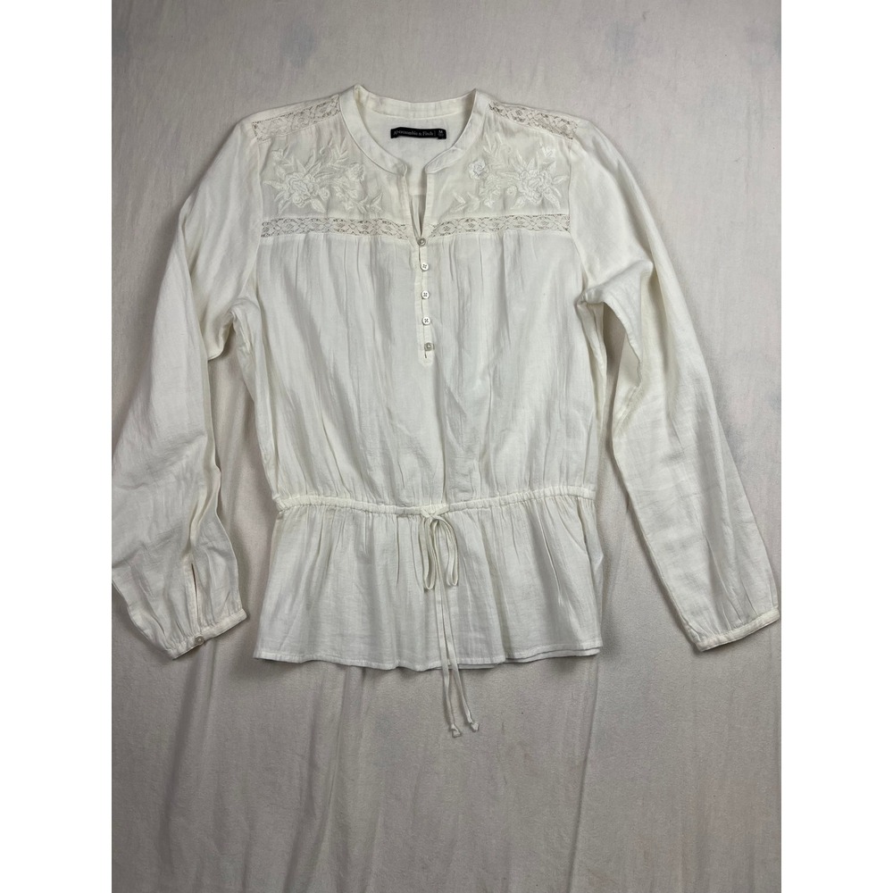 Abercrombie & Fitch White‎ Embroidered Lace Peasant Blouse Drawstring Waist M